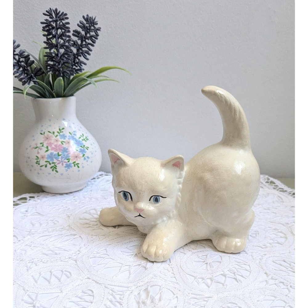 Vintage Ceramic Cat Figurine, Cream Cat Planter, Kitschy‎ Cat Decor